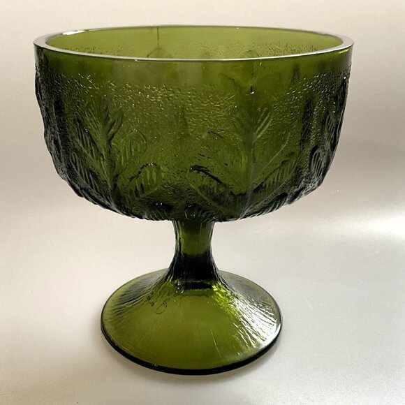 VINTAGE 1978 FTD EMBOSSED OAK LEAF GREEN GLASS CHALICE - Picture 2 of 8